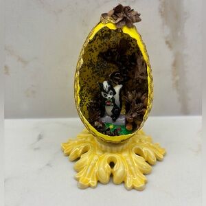 Vintage Yellow Handmade Decorative Egg Diorama with Skunk Figurine Faberge Style